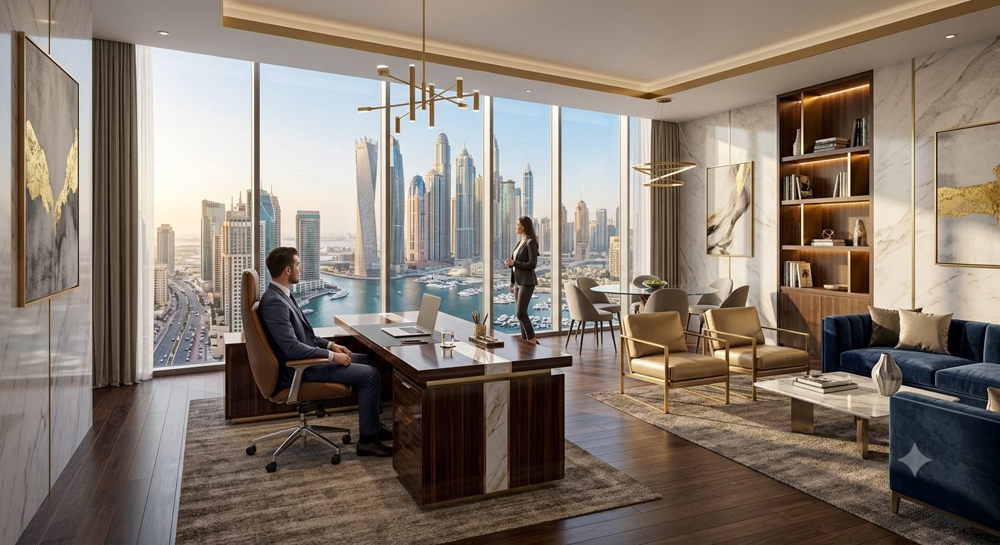 Real estate consultation in a Dubai office overlooking Dubai Marina